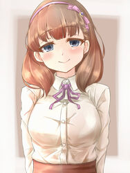  alternate_costume blue_eyes blush breasts brown_hair commentary_request eyebrows female hairband head_tilt highres idolmaster idolmaster_cinderella_girls large_breasts long_hair long_sleeves looking_at_viewer meme_attire purple_ribbon ribbon sakuma_mayu smile solo tsunakanten upper_body virgin_killer_outfit 