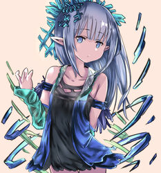  arm_behind_back armlet bad_hands bare_shoulders blue_eyes blue_hair blunt_bangs collarbone commentary_request cowboy_shot crystal detached_sleeves dress erin_(granblue_fantasy) eyebrows female flat_chest granblue_fantasy hair_ornament long_hair long_sleeves lplpsteven no_nose orange_background photoshop_(medium) pointy_ears short_dress simple_background sleeveless sleeveless_dress solo standing thigh_gap 