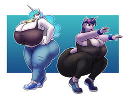  alicorn anthro big_breasts breasts clock-face clothed clothing duo equid equine feathered_wings feathers female friendship_is_magic hasbro hi_res horn huge_breasts hyper hyper_breasts mammal my_little_pony mythological_creature mythological_equine mythology obese overweight princess_celestia_(mlp) smile standing thick_thighs twilight_sparkle_(mlp) unicorn wings 