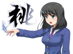  black_hair blazer blue_eyes breasts commentary_request female holding_tenbou jacket large_breasts mahjong medium_hair necktie open_mouth saki_(manga) school_uniform smoke solo tenbou touyoko_momoko tsuruga_school_uniform wittyz 