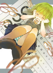  bad_id bad_pixiv_id blurry crying depth_of_field eye_chart female glasses green_hair gumi hands_on_own_face koyuiko landolt_c open_mouth panties pantyshot pleated_skirt school_uniform shiryoku_kensa_(vocaloid) skirt solo striped_clothes striped_panties underwear vocaloid 