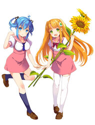  2girls :d :o ahoge amiami_(company) amico blonde_hair blue_bow blue_eyes blue_hair blue_necktie blue_socks blush bow bowtie breasts clothing_cutout dress flat_chest flower full_body green_eyes hair_ornament hair_ribbon hairclip highres holding holding_flower kneehighs leg_up lilco loafers logo_hair_ornament long_hair looking_at_viewer multiple_girls necktie open_mouth pinafore_dress puffy_sleeves ribbon school_uniform serafuku shoes sidelocks simple_background sleeveless sleeveless_dress smile socks standing standing_on_one_leg sunflower thigh_cutout thighhighs twintails two_side_up very_long_hair white_background white_legwear yumekui zettai_ryouiki 