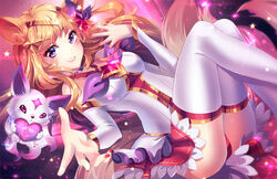  ahri alternate_costume alternate_hair_color animal_ears bare_shoulders breasts female fox_ears fox_tail large_breasts league_of_legends long_hair magical_girl peach_hair purple_eyes skirt smile solo star_guardian_ahri thigh_boots tiara 