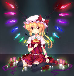  :o bad_id bad_pixiv_id black_thighhighs blonde_hair blush bow female flandre_scarlet flower hat hat_bow long_hair looking_at_viewer red_eyes ribbon rose side_ponytail sitting solo thighhighs touhou umeko_(koori_ume) wariza wings 