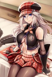  alisa_ilinichina_amiella bare_shoulders black_footwear black_pantyhose blonde_hair blue_eyes blush book boots breasts commentary_request elbow_gloves female fingerless_gloves gloves god_eater god_eater_resurrection grey_hair hair_between_eyes hat highres large_breasts long_hair looking_at_viewer md5_mismatch navel pantyhose sitting skirt smile solo suspender_skirt suspenders thigh_boots thighhighs underboob unworn_boots watanuki_kaname 