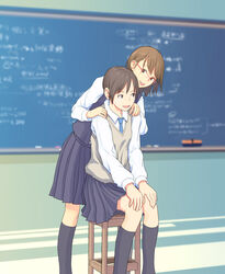  2girls brown_eyes brown_hair chair chalkboard classroom commentary_request flash_tomo glasses hands_on_own_knees highres multiple_girls necktie original painttool_sai_(medium) school_uniform sitting skirt sweater_vest 