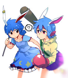  2girls animal_ears bad_id bad_pixiv_id blue_dress blue_hair boxing_gloves bunny_(trickster) commentary_request dress earclip kine long_hair look-alike mallet multiple_girls puffy_sleeves rabbit_ears red_eyes seiran_(touhou) shikushiku_(amamori_weekly) short_hair short_sleeves skirt touhou trickster_(ntreev_soft) 