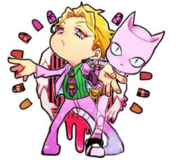  2boys bad_id bad_pixiv_id blonde_hair chibi formal jojo_no_kimyou_na_bouken killer_queen kira_yoshikage multiple_boys muyukikiyoshi11521 necktie stand_(jojo) suit 