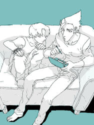  2boys aqua_theme brown_hair commentary_request couch gakudou_(rom3boom) handheld_game_console image_sample kazuma_(scryed) monochrome multiple_boys nintendo_3ds pixiv_sample playing_games scryed short_hair sitting straight_cougar 