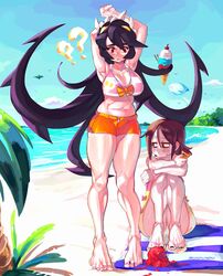  2girls armpits arms_behind_head bare_legs barefoot beach bikini black_hair blush breasts brown_hair cashumeru crouching feet female female_only filia_(skullgirls) ice_cream long_hair midriff nail_polish navel painwheel pout pouting red_eyes samson_(skullgirls) sandals short_hair short_shorts shorts skin_tight skullgirls thick_thighs thighs tight_clothing toenail_polish 