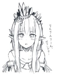  armlet bare_shoulders blush commentary_request crystal dress erin_(granblue_fantasy) eyebrows female granblue_fantasy greyscale hair_ornament long_hair looking_at_viewer monochrome nagi_099 open_mouth pointy_ears simple_background solo translation_request upper_body white_background 