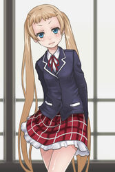  blonde_hair blue_eyes chuunibyou_demo_koi_ga_shitai! commentary_request dekomori_sanae female icho_private_high_school_uniform jigoku_inu long_hair photoshop_(medium) school_uniform solo twintails 