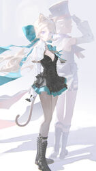  1boy absurdres animal_ears black_dress black_footwear black_gloves blonde_hair blue_bow boots bow breasts brother_and_sister cat_ears cat_girl cat_tail detached_sleeves dress facial_mark female genshin_impact gloves hairbow hat highres lynette_(genshin_impact) lyney_(genshin_impact) purple_eyes reoen siblings small_breasts standing star_(symbol) star_facial_mark star_tattoo tail tattoo teardrop_facial_mark teardrop_tattoo top_hat two-tone_gloves white_gloves white_sleeves 