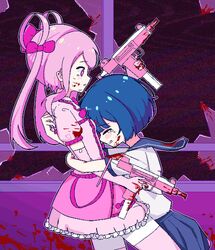  2girls aqua_hair arm_at_side arm_hug arm_up blank_stare blood blood_drip blood_on_clothes blood_on_face blood_on_wall blood_on_weapon blood_on_window blue_hair blue_sailor_collar blue_skirt blunt_bangs blush bob_cut broken_glass broken_window chibikki choker clenched_teeth closed_mouth commentary crying distortion double_arm_hug dress dual_wielding elbow_gloves english_commentary facing_another finger_on_trigger frilled_dress frills from_side glass glass_shards gloves gun hair_ribbon highres holding holding_gun holding_weapon hug long_hair looking_down magazine_(weapon) magical_girl magical_girl_saki-hope_(chibikki) mini_uzi multiple_girls nanako_(chibikki) no_halo open_mouth original pale_skin pink_choker pink_eyes pink_gloves pink_hair pink_ribbon pink_skirt pink_weapon pixel_art pleated_skirt profile puffy_short_sleeves puffy_sleeves ribbon sailor_collar saki_(chibikki) school_uniform short_sleeves skirt socks staring submachine_gun surprised swept_bangs tears teeth thighhighs twintails weapon window 