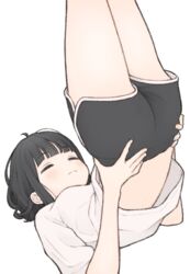  1ssakawaguchi absurdres ass black_hair black_shorts blunt_bangs blush breasts closed_eyes closed_mouth clothes_lift dolphin_shorts facing_up female grey_shirt hands_on_own_hips highres ichika_(1ssakawaguchi) legs_up medium_breasts original shirt shirt_lift short_hair shorts shoulderstand simple_background solo white_background 