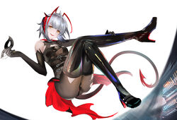  absurdres ambience_synesthesia antennae arknights belt black_belt black_footwear black_gloves boots breasts commentary elbow_gloves eugle_na female gloves grey_pantyhose head_tilt highres holding holding_mask horns mask official_alternate_costume pantyhose short_hair simple_background single_bare_shoulder small_breasts solo tail thigh_boots torn_clothes torn_pantyhose w_(arknights) w_(wanted)_(arknights) white_background yellow_eyes 