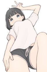  1ssakawaguchi absurdres ahoge arm_up black_hair black_shorts blue_eyes bob_cut commentary_request drawstring expressionless female foreshortening from_below hand_on_own_thigh highres ichika_(1ssakawaguchi) knee_up light_blush loose_clothes loose_shirt lying midriff_peek on_back original shirt short_shorts short_sleeves shorts simple_background solo thighs v white_background white_shirt 