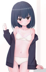  ass_visible_through_thighs black_eyes black_hair black_hoodie blush bob_cut bow bow_bra bow_panties bra breasts commentary cowboy_shot crotch_seam female highres hood hoodie lace-trimmed_bra lace_trim looking_at_viewer navel off_shoulder open_clothes open_hoodie original panties parted_lips polka_dot polka_dot_bra polka_dot_panties shooko small_breasts solo standing thigh_gap underwear white_bra white_panties 