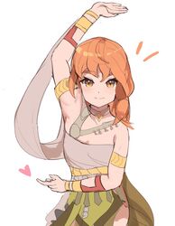  alternate_costume arm_up armlet armpits bare_shoulders bracelet closed_mouth dancer dancer_(fire_emblem:_three_houses) dress female fire_emblem fire_emblem:_three_houses heart jewelry leonie_pinelli looking_at_viewer necklace orange_hair pelvic_curtain short_hair simple_background single-shoulder_dress smile solo spyg white_background yellow_eyes 