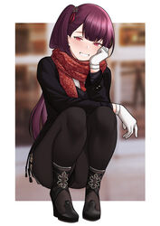  bbk_(13zk) black_jacket black_pantyhose blush boots female full_body girls&#039;_frontline gloves hair_ribbon high_heel_boots high_heels highres jacket long_hair looking_at_viewer necktie official_alternate_costume one_side_up pantyhose parted_lips print_scarf purple_hair red_eyes red_necktie red_ribbon red_scarf ribbon scarf smile squatting wa2000_(date_in_the_snow)_(girls&#039;_frontline) wa2000_(girls&#039;_frontline) white_gloves 