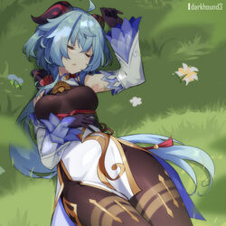  ahoge artist_name bare_shoulders bell black_gloves blue_hair breasts brown_pantyhose closed_eyes dark_hound_3 detached_sleeves female ganyu_(genshin_impact) genshin_impact gloves gold_trim grass highres horns long_hair lying medium_breasts neck_bell on_back outdoors pantyhose parted_lips sidelocks solo tassel thighlet thighs white_sleeves 