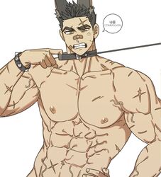  1boy abs anger_vein bad_id bad_twitter_id bandaid bandaid_on_face bandaid_on_nose bara black_hair clenched_teeth closed_eyes frown highres large_pectorals leash leash_in_mouth leash_pull looking_at_viewer male_focus muscular muscular_male na-eun_(ejdbvaaqup08jfy) nipples nude original pectorals scar scars_all_over scratching_head short_hair solo speech_bubble stomach teeth thick_eyebrows too_many upper_body 