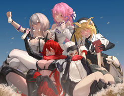  5girls absurdres alcohol arm_guards armored_bodysuit armored_gloves bare_shoulders black_robe blonde_hair blush bodysuit bottle braid breasts cleavage cloak clothing_cutout detached_sleeves dorothy_(nikke) dress drunk flower frilled_dress frills goddess_(nikke) goddess_of_victory:_nikke grey_hair habit hair_between_eyes hair_bun hair_intakes hat head-mounted_display headgear highres hip_vent holding holding_umbrella horns jingasa jojoyu91360361 large_breasts leather leather_pants leg_cutout leotard long_braid long_hair looking_at_viewer mechanical_arms mechanical_horns medium_breasts multiple_girls nun open_mouth pants pink_hair pioneer_(nikke) purple_eyes pushing_away rapunzel_(nikke) red_hair red_hood_(nikke) red_scarf ribbon robe sake_bottle scarf scarf_grab scarf_pull scarlet_(nikke) single_mechanical_arm single_side_bun sitting smile snow_white_(nikke) thighhighs umbrella unzipped very_long_hair visor_(armor) white_bodysuit white_cloak white_dress white_hair white_leotard yellow_eyes 