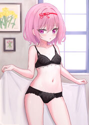  black_bra black_panties blush bra breasts commentary cowboy_shot english_commentary female hair_ribbon highres holding holding_towel indoors lace-trimmed_bra lace_trim looking_at_viewer navel original panties parted_lips pink_hair purple_eyes red_ribbon ribbon shooko short_hair small_breasts solo standing towel underwear underwear_only window 