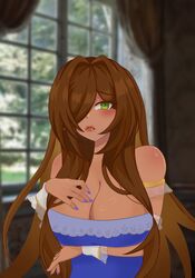  absurdres blush breasts brown_eyes brown_hair character_request dark-skinned_female dark_skin dress hair_over_one_eye highres huge_breasts lace_trim marvel nail_polish non-web_source pout princess self-upload spider-man_(series) spider-verse spinstress wrist_cuffs 