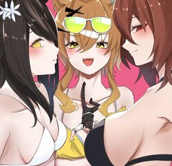  1boy 3girls agnes_tachyon_(lunatic_lab)_(umamusume) agnes_tachyon_(umamusume) animal_ears bare_shoulders bikini black_bikini black_hair black_pants black_vest breasts brown_hair catherine:_full_body catherine_(game) cleavage collarbone commentary_request commission eyewear_on_head flower from_side giant giantess hair_between_eyes hair_flower hair_ornament highres horse_ears horse_girl jam_(umamusume) jungle_pocket_(tobasuze_hot_summer!)_(umamusume) jungle_pocket_(umamusume) long_hair looking_at_viewer manhattan_cafe_(the_bubbles_that_i_see_with_you)_(umamusume) manhattan_cafe_(umamusume) multiple_girls official_alternate_costume pants parody pink_background red_eyes shirt short_hair sideboob sideways_glance simple_background skeb_commission small_breasts swimsuit trainer_(umamusume) umamusume upper_body vest white_bikini white_shirt yellow_bikini yellow_eyes yoino_iyo 