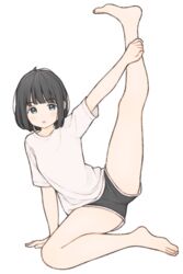  1ssakawaguchi absurdres ahoge arm_support arm_up bare_legs barefoot black_hair black_shorts blue_eyes blunt_bangs blush bob_cut dot_nose female flexible full_body hand_on_own_leg highres ichika_(1ssakawaguchi) kneepits leg_up looking_at_viewer open_mouth original shirt short_hair short_shorts short_sleeves shorts simple_background solo stretching t-shirt thighs white_background white_shirt 