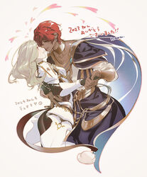  1boy akiyoshi_haru armor ass blonde_hair bodysuit commentary_request couple dark-skinned_male dark_skin dohalim_(tales) earrings eye_contact face-to-face female gloves hair_between_eyes imminent_kiss interracial jewelry kisara_(tales) long_hair looking_at_another red_hair short_hair smile straight tales_of_(series) tales_of_arise very_dark_skin 