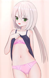  ass_visible_through_thighs blue_camisole bow bow_bra bow_panties bra breasts camisole clothes_lift commentary cowboy_shot crotch_seam female green_eyes grey_hair highres lifting_own_clothes long_hair low_twintails navel no_pants original panties pink_bra pink_panties shirt_lift shooko small_breasts solo standing twintails underwear 