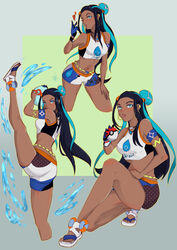  absurdres armlet ass belly_chain black_hair blowing_kiss blue_eyes blue_eyeshadow blue_gloves blue_hair breasts crop_top dark-skinned_female dark_skin earrings english_commentary eyeshadow female full_body gloves gold_earrings hair_ornament heart highres holding holding_poke_ball hoop_earrings jewelry leg_up long_hair looking_at_viewer makeup midriff multicolored_clothes multicolored_hair multiple_views navel necklace nessa_(pokemon) one_eye_closed partially_fingerless_gloves poke_ball pokemon pokemon_swsh sandals short_shorts shorts signature simple_background single_glove sportswear streaked_hair vialnite water wristband 