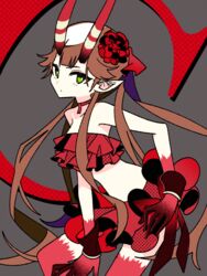  bare_shoulders breasts brown_hair c_(control) choker closed_mouth cowboy_shot crop_top female flower frilled_skirt frilled_tube_top frills green_eyes grey_background hair_flower hair_ornament halftone horns long_hair looking_at_viewer machigami_yoh mashu_(control) midriff miniskirt pointy_ears red_flower red_horns red_skirt skirt small_breasts solo strapless tube_top very_long_hair 