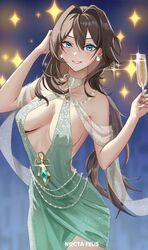  absurdres aqua_eyes bare_shoulders breasts brown_hair champagne_flute commentary cowboy_shot cup dress drinking_glass earrings female green_dress grin hair_intakes hands_up highres holding holding_cup honkai:_star_rail honkai_(series) jewelry long_hair looking_at_viewer medium_breasts nocta_felis ruan_mei_(honkai:_star_rail) sideboob smile solo standing very_long_hair 