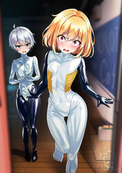  2boys ahoge animegao blonde_hair blush bodysuit classroom collarbone constricted_pupils cosplay covered_navel crossdressing embarrassed green_eyes grey_hair highres indoors kigurumi latex latex_bodysuit m00nmmm mixed-language_commentary multiple_boys original otoko_no_ko red_eyes robot_costume shiny_clothes skin_tight standing surprised variant_set wavy_mouth wide-eyed 