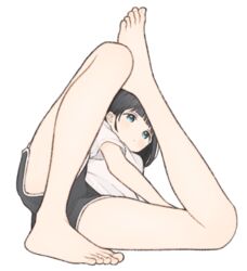  1ssakawaguchi barefoot black_eyes black_hair black_shorts blue_eyes blunt_bangs closed_mouth commentary_request dolphin_shorts dot_mouth expressionless feet female flexible foreshortening highres ichika_(1ssakawaguchi) leg_up legs light_blush lying on_side original shirt short_hair short_sleeves shorts simple_background solo thighs toenails toes triangle white_background white_shirt 