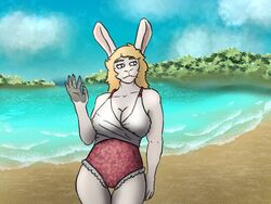  4:3 5_fingers anthro beach blonde_hair breasts cleavage clothed clothing cloud female fingers fur hair kaia_(sojourn) lagomorph leporid mammal oneflymagpie rabbit raised_hand sand seaside solo standing swimwear thigh_gap water white_body white_eyes white_fur 