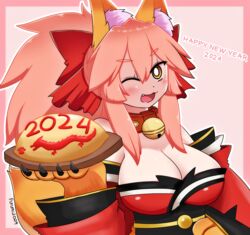  2024 animal_ear_fluff animal_ears animal_hands bare_shoulders bell blush bow breasts cat_paws cleavage collar detached_sleeves dragon fate/grand_order fate_(series) female fox_ears fox_girl fox_tail gloves happy_new_year highres japanese_clothes jingle_bell keita_naruzawa kimono large_breasts long_hair looking_at_viewer neck_bell oerba_yun_fang one_eye_closed open_mouth paw_gloves pink_hair ponytail red_kimono red_ribbon ribbon solo tail tamamo_(fate) tamamo_cat_(fate) yellow_eyes 