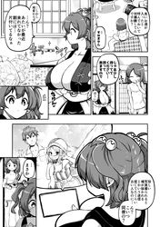  1boy 2girls ? breasts cleavage commentary_request dress greyscale hair_bobbles hair_ornament highres himajin_noizu huge_breasts monochrome multiple_girls onozuka_komachi photo_(object) shiki_eiki speech_bubble touhou translation_request two_side_up v 