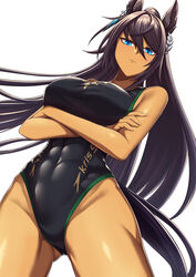  abs absurdres alternate_costume animal_ears ass_visible_through_thighs black_one-piece_swimsuit blue_eyes breasts closed_mouth commentary_request competition_swimsuit cowboy_shot crossed_arms dark-skinned_female dark_skin earrings female hair_between_eyes highleg highres horse_ears horse_girl jewelry large_breasts long_hair one-piece_swimsuit same_kujira_(challenger_310) simple_background single_earring solo swimsuit symboli_kris_s_(umamusume) umamusume white_background 