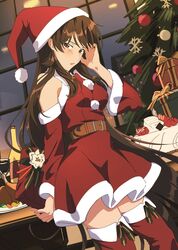  arm_behind_back bare_shoulders belt boots bottle box brown_eyes brown_hair christmas christmas_tree dress female food fur-trimmed_dress fur-trimmed_headwear fur_trim gift gift_box hand_up hat highres hiratsuka_shizuka holding holding_gift ichimi_renge indoors long_hair looking_at_viewer off-shoulder_dress off_shoulder open_mouth red_footwear red_hat santa_costume santa_dress santa_hat second-party_source solo standing thigh_boots very_long_hair window wine_bottle yahari_ore_no_seishun_lovecome_wa_machigatteiru. zettai_ryouiki 