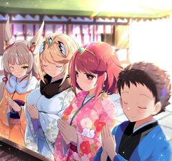  1boy 3girls alternate_costume animal_ears blonde_hair breast_conscious cat_ears closed_eyes commentary_request drooling ear_covers earrings facial_mark floral_print floral_print_kimono fur-trimmed_kimono fur_collar fur_trim grey_hair highres japanese_clothes jewelry kimono long_hair looking_at_another low_twintails multiple_girls mythra_(xenoblade) new_year nia_(blade)_(xenoblade) nia_(xenoblade) own_hands_together praying print_kimono pyra_(xenoblade) red_eyes red_hair rex_(xenoblade) short_hair shrine smile sunlight tearing_up tears tiara twintails watsuki_ayamo whisker_markings xenoblade_chronicles_(series) xenoblade_chronicles_2 yellow_eyes 