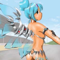  aqua_eyes aqua_hair aqua_nails ass bikini black_gloves body_writing breasts butt_crack dark_skin double_bun eyewear_on_head female fingerless_gloves fuhrer_schlaf full_body gloves goodsmile_racing hair_bun hatsune_miku headset heart_hair_bun looking_back mechanical_wings nail_polish navel open_mouth race_queen racing_miku racing_miku_(2013) racing_miku_(2013_sepang_ver.) smile solo stomach sunglasses swimsuit tan transparent_wings vocaloid white_bikini wings 