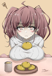  ahoge alternate_costume atlanta_(kancolle) breast_rest breasts breasts_on_table brown_hair cup double-parted_bangs female food fruit gakky highres kantai_collection large_breasts long_hair looking_at_viewer mandarin_orange oppai_mochi ribbed_sweater solo squiggle sweater two_side_up white_sweater yunomi 