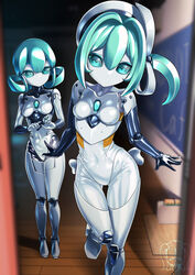  2boys animegao aqua_eyes aqua_hair bodysuit classroom cosplay covered_navel crossdressing highres indoors kigurumi latex latex_bodysuit m00nmmm mask mixed-language_commentary multiple_boys original otoko_no_ko robot_costume shiny_clothes skin_tight standing variant_set 