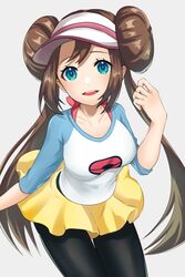  :d black_pantyhose breasts brown_hair commentary_request double_bun doughnut_hair_bun eyelashes female green_eyes grey_background hair_bun hand_up highres leaning_forward long_hair open_mouth pantyhose pantyhose_under_shorts partial_commentary pokemon pokemon_bw2 raglan_sleeves rosa_(pokemon) short_shorts shorts smile solo twintails very_long_hair visor_cap yellow_shorts yuuki510510 