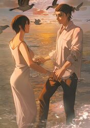  1boy absurdres bare_shoulders bird black_hair blue_eyes breasts brown_hair cloud cloudy_sky collared_shirt commentary couple dress english_commentary eren_yeager eye_contact female hair_pulled_back highres holding_hands horizon large_breasts long_dress looking_at_another mikasa_ackerman niku_(ni23ku) ocean outdoors pants parted_lips scar scar_on_face shingeki_no_kyojin shirt short_hair sky smile spaghetti_strap standing sunset twitter_username water white_dress white_shirt 