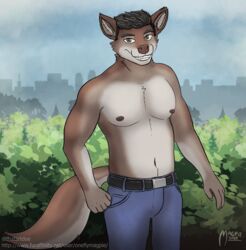  anthro belt black_hair bottomwear canid canine canis city clothed clothing denim denim_bottomwear denim_clothing fur hair hi_res iberian_wolf jeans leaf looking_at_viewer male mammal multicolored_body multicolored_fur nipples oneflymagpie outside pants portrait shirtless sky skyline smile solo standing teeth text three-quarter_portrait topless two_tone_body two_tone_fur url wolf 